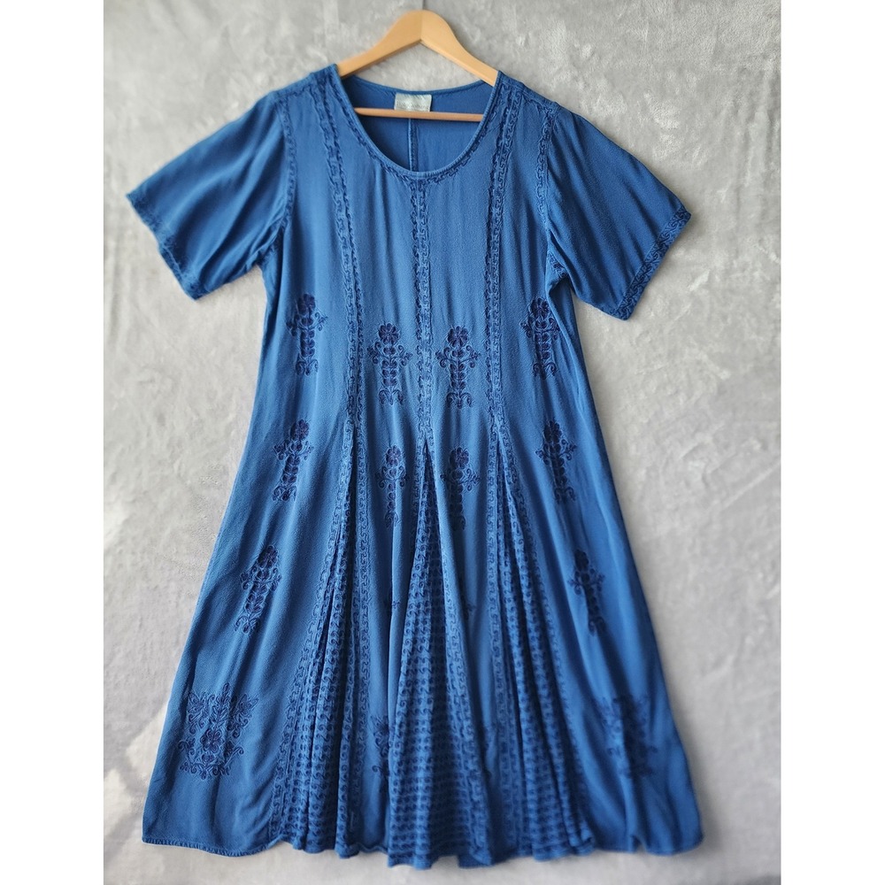Holy Clothing Dress Womens Size XL Blue Embroidered Renaissance Pleated Tie Back
